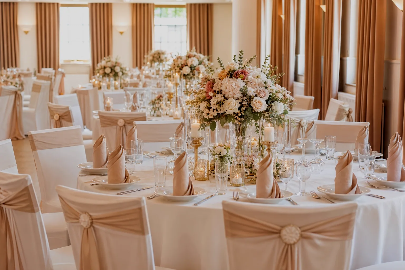 Festlich eingedeckte Tische mit Blumengesteck, Kerzen und eleganter Stuhldekoration in Rosé-Gold im Saal von Eventlocation Classic